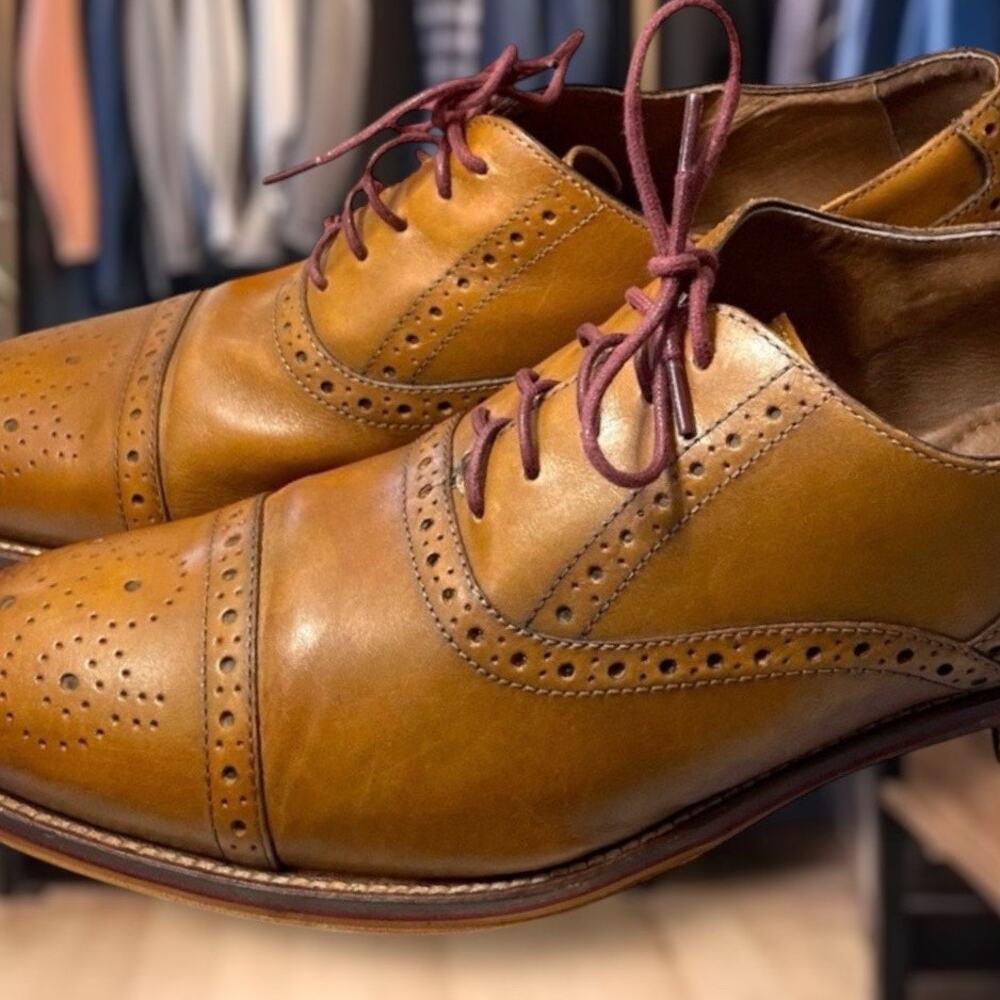 Men's Size 10 M JOHNSTON & MURPHY Conard Cap Toe Tan Leather Brogue Oxfords EUC